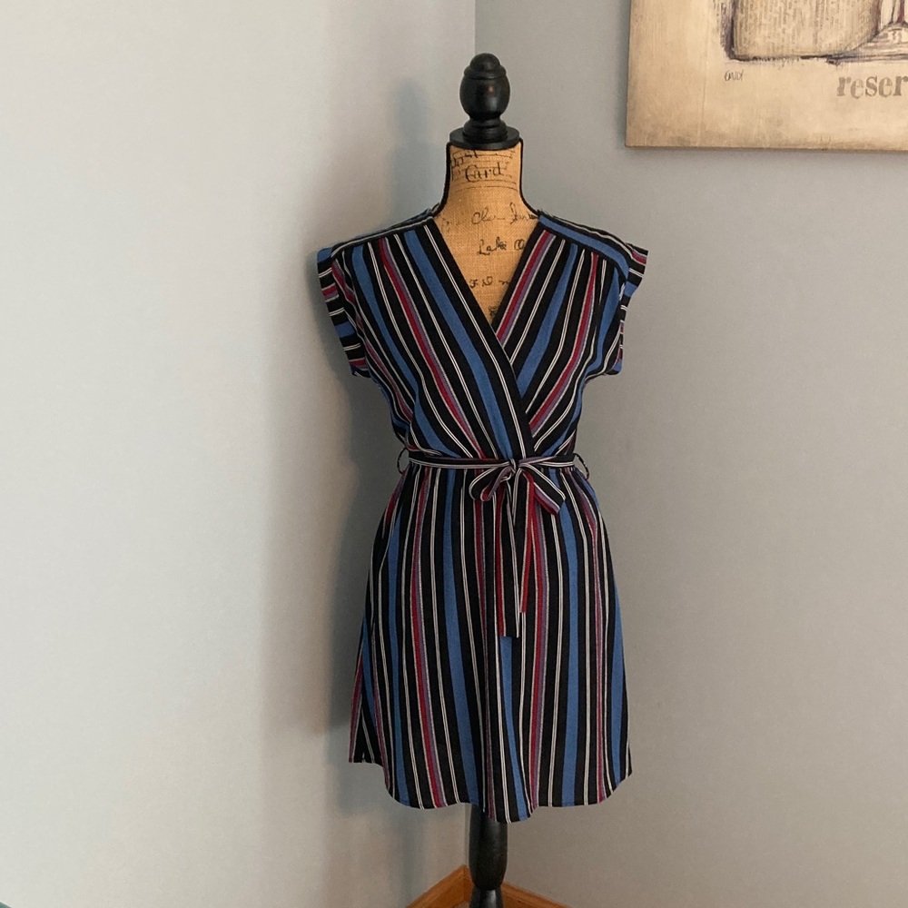 Striped V-Neck Mini Dress by Monteau Women Size Small
